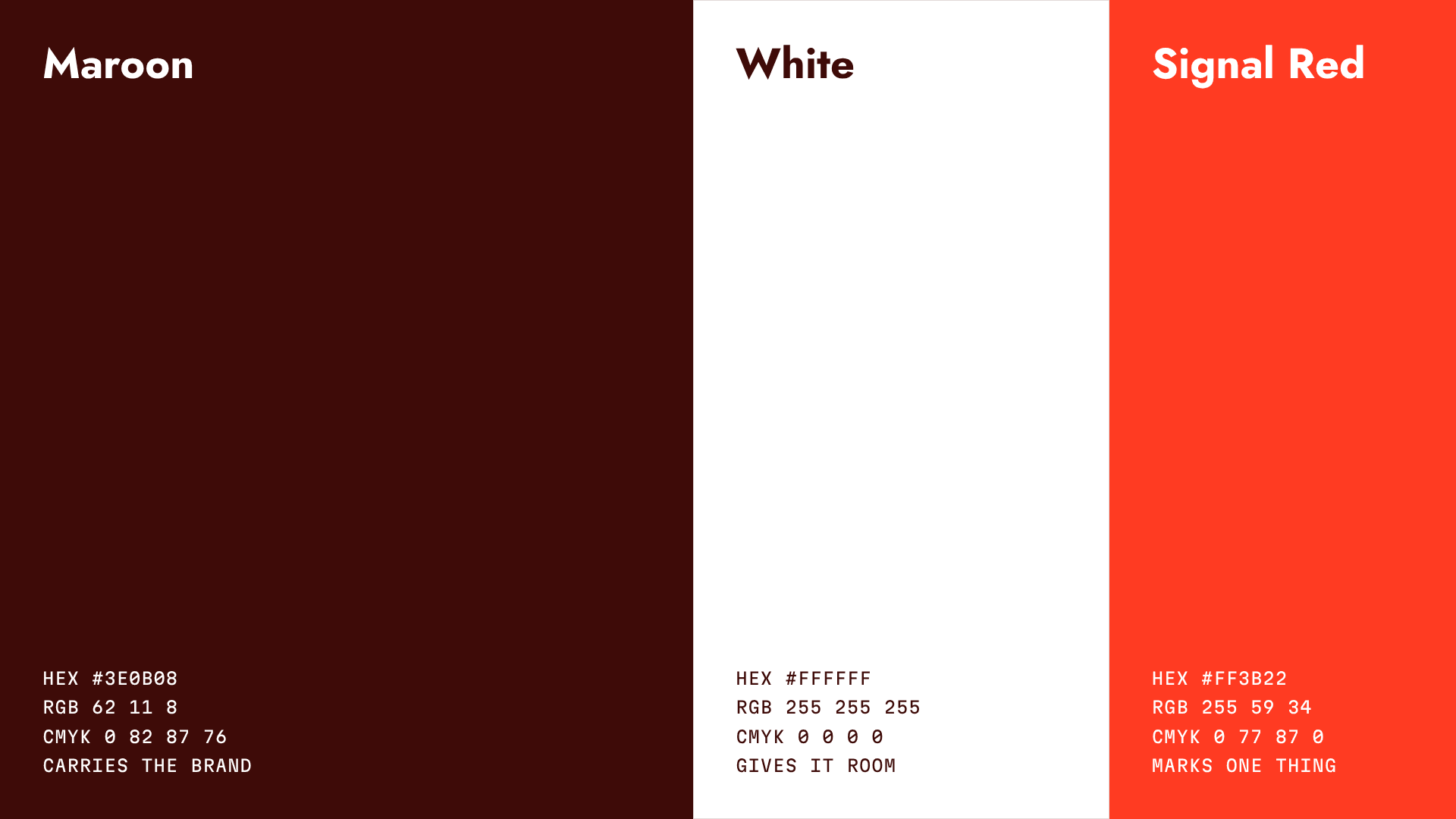 Палітра FERROL: Maroon, White і Signal Red зі значеннями HEX, RGB і CMYK