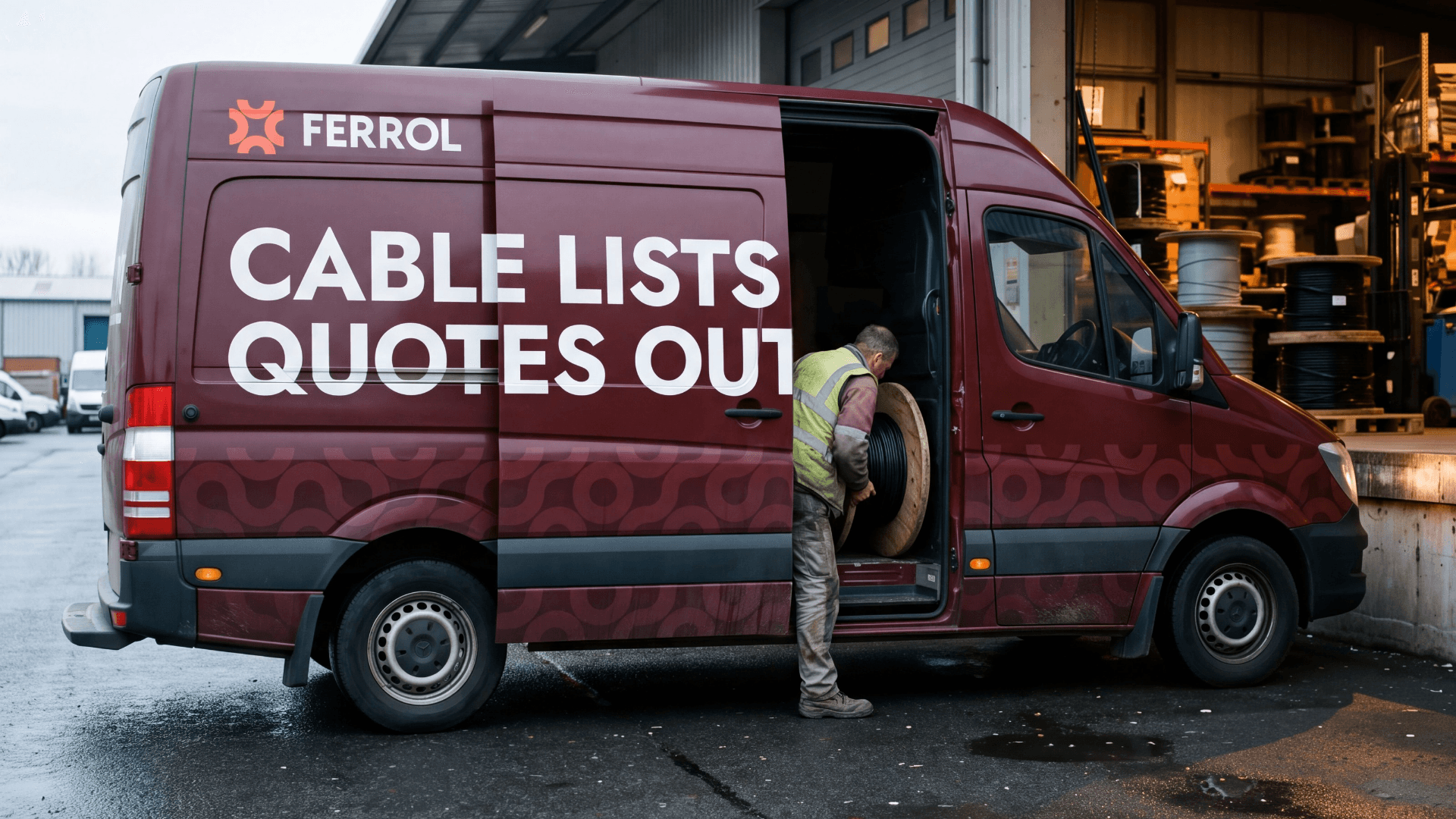 Фургон доставки FERROL з написом Cable lists in. Quotes out.