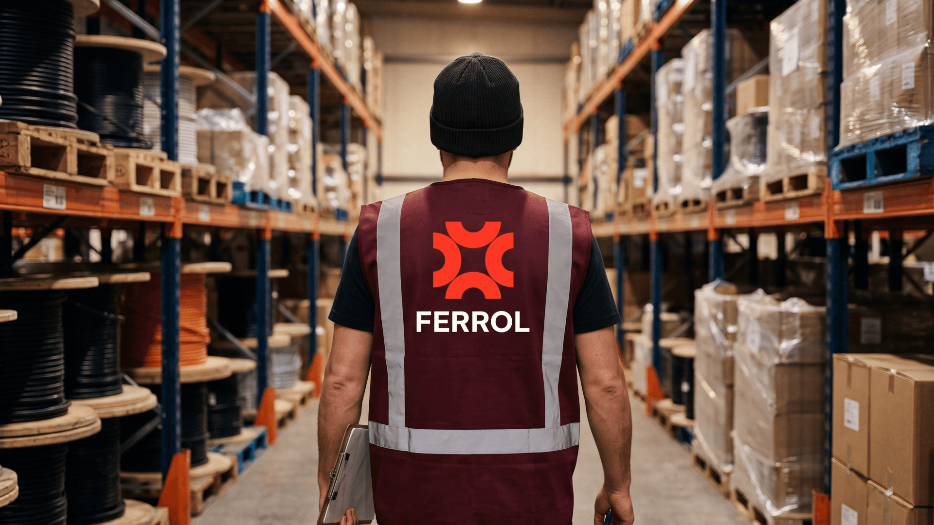 Працівник складу в сигнальному жилеті FERROL між стелажами