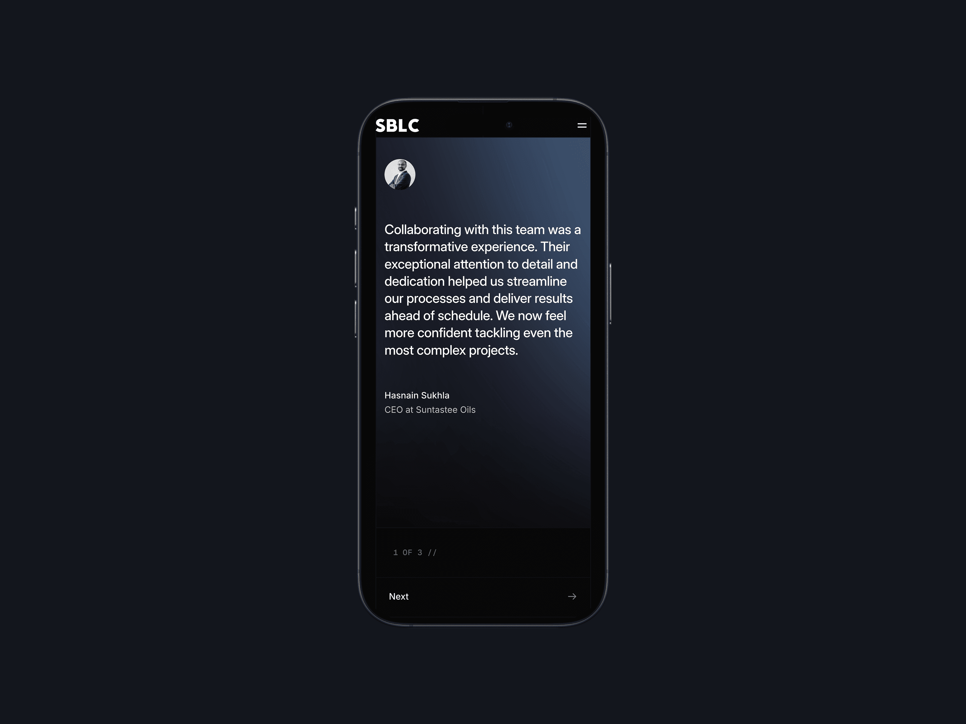 A mobile UI featuring a client testimonial on SBLC’s structured and reliable legal services for tech companies.