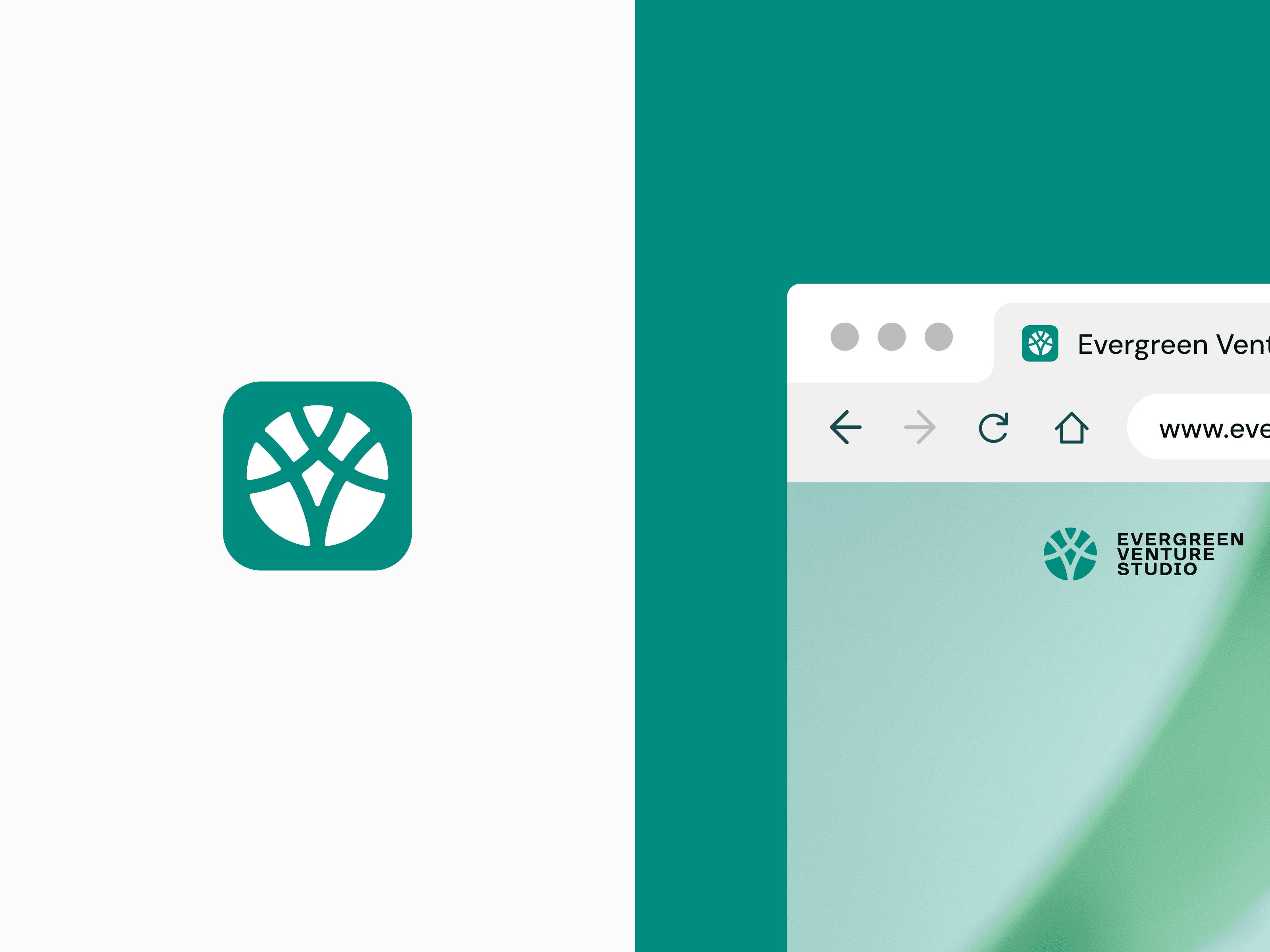 Іконка застосунку й сайт Evergreen Venture Studio: єдиний бренд на цифрових платформах.