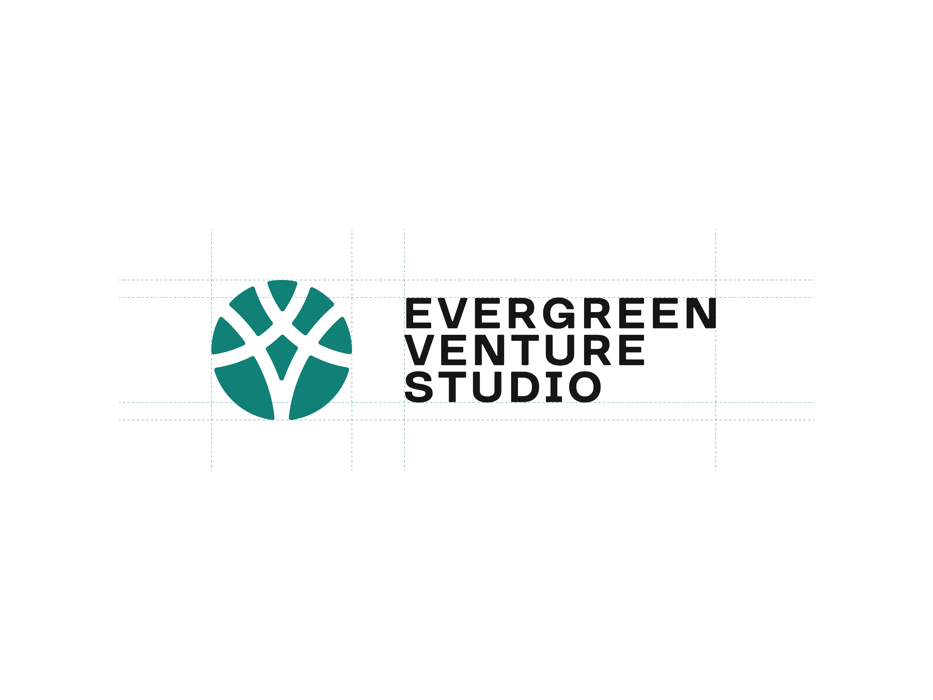 Логотип Evergreen Venture Studio із сіткою побудови: точна геометрія й збалансовані пропорції.